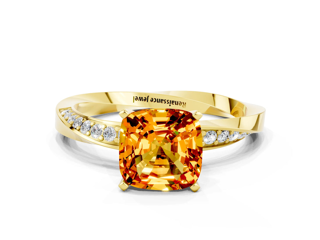 Yellow gold Cushion Cut Citrine Engagement Ring with Side Stone Accents and Four-Prong Setting_96