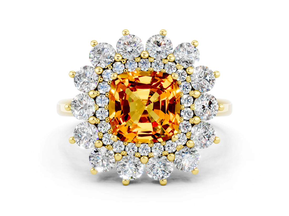 Yellow gold Cushion Cut Citrine Floral Double Halo Engagement Ring with Prong Setting_48