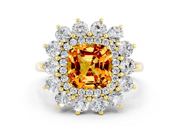 Yellow gold Cushion Cut Citrine Floral Double Halo Engagement Ring with Prong Setting