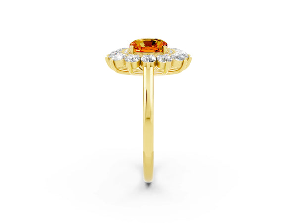 Yellow gold Cushion Cut Citrine Floral Double Halo Engagement Ring with Prong Setting