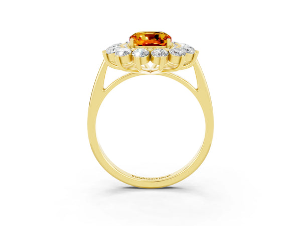 Yellow gold Cushion Cut Citrine Floral Double Halo Engagement Ring with Prong Setting