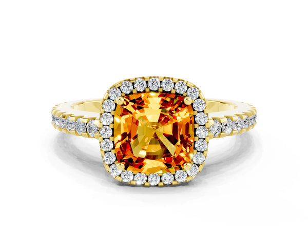 Yellow gold Cushion Cut Citrine Halo Engagement Ring with Pavé Band and Prong Setting