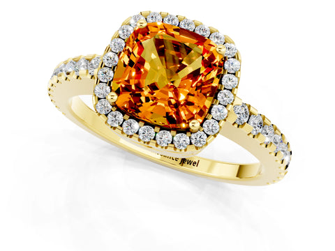 Yellow gold Cushion Cut Citrine Halo Engagement Ring with Pavé Band and Prong Setting_13