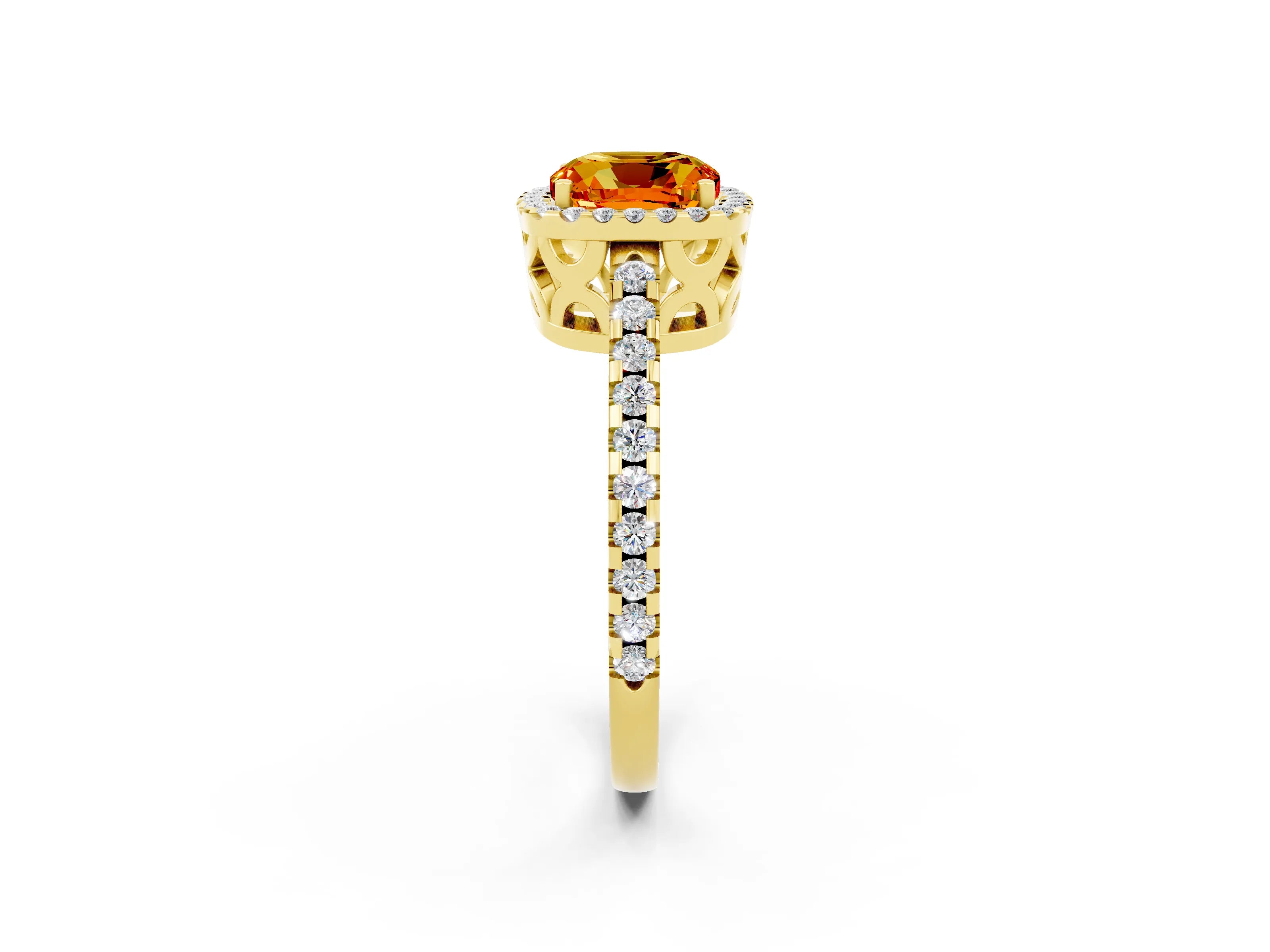Yellow gold Cushion Cut Citrine Halo Engagement Ring with Pavé Band and Prong Setting_14
