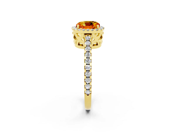 Yellow gold Cushion Cut Citrine Halo Engagement Ring with Pavé Band and Prong Setting