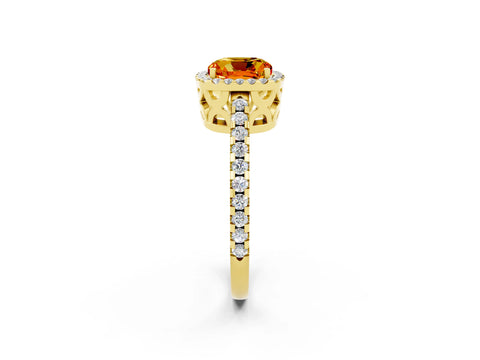 Yellow gold Cushion Cut Citrine Halo Engagement Ring with Pavé Band and Prong Setting_14