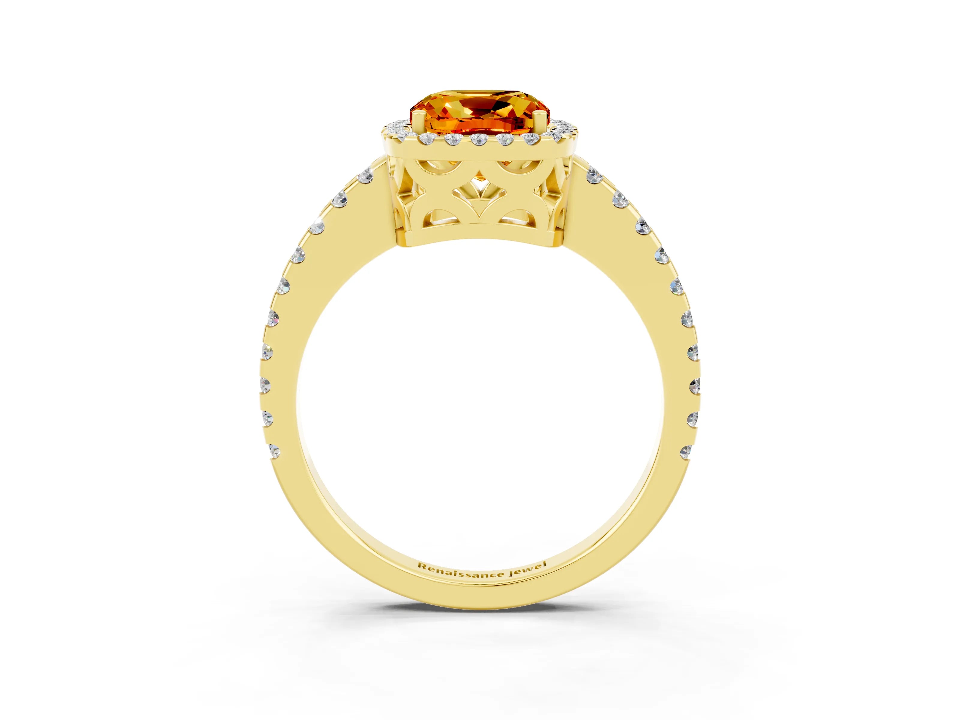 Yellow gold Cushion Cut Citrine Halo Engagement Ring with Pavé Band and Prong Setting_15