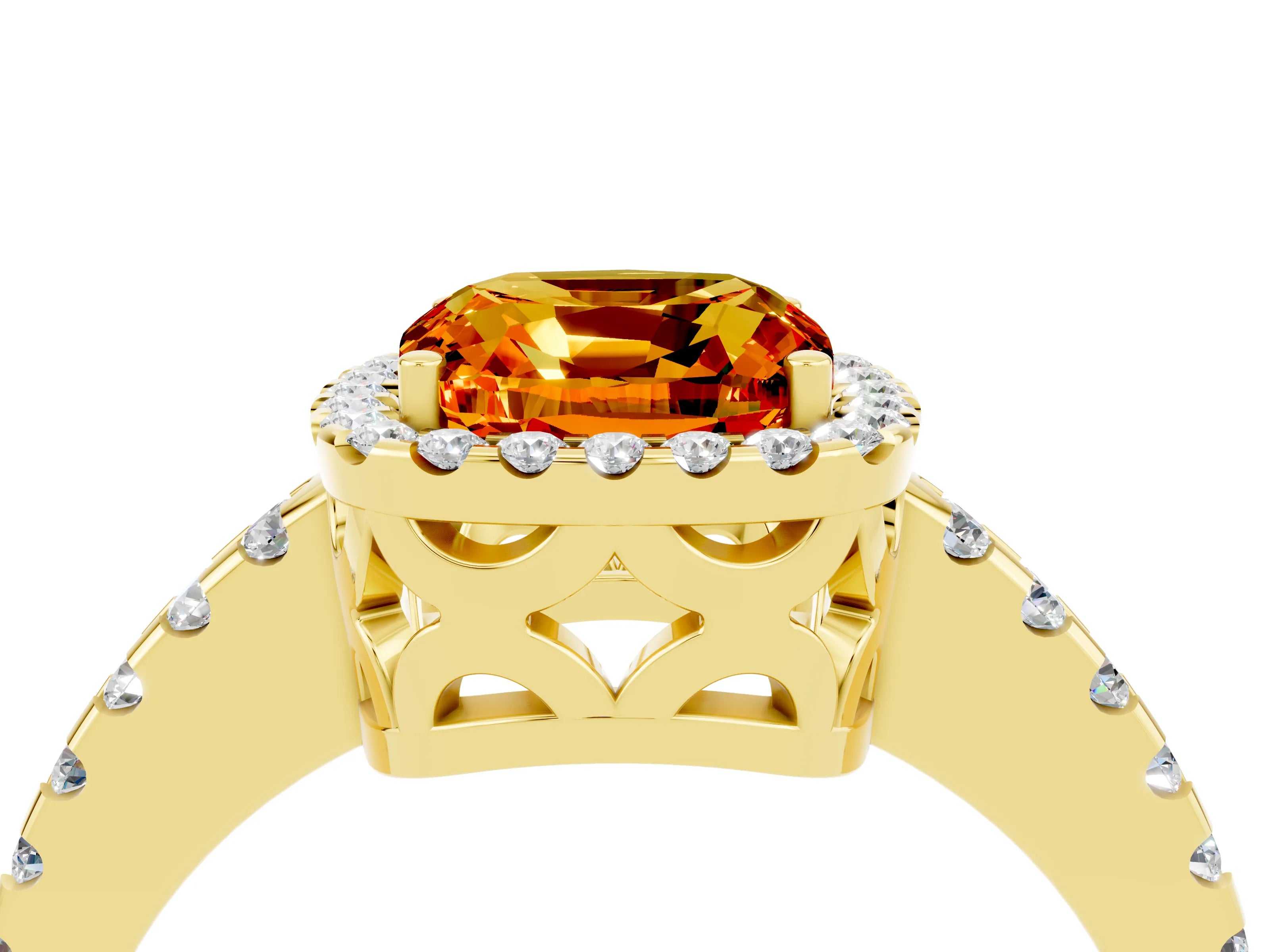 Yellow gold Cushion Cut Citrine Halo Engagement Ring with Pavé Band and Prong Setting_16