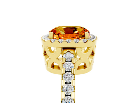 Yellow gold Cushion Cut Citrine Halo Engagement Ring with Pavé Band and Prong Setting_17