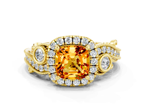 Yellow gold Cushion Cut Citrine Halo Ring with Milgrain Pavé Band and Four-Prong Setting