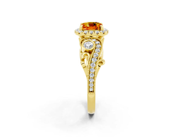 Yellow gold Cushion Cut Citrine Halo Ring with Milgrain Pavé Band and Four-Prong Setting