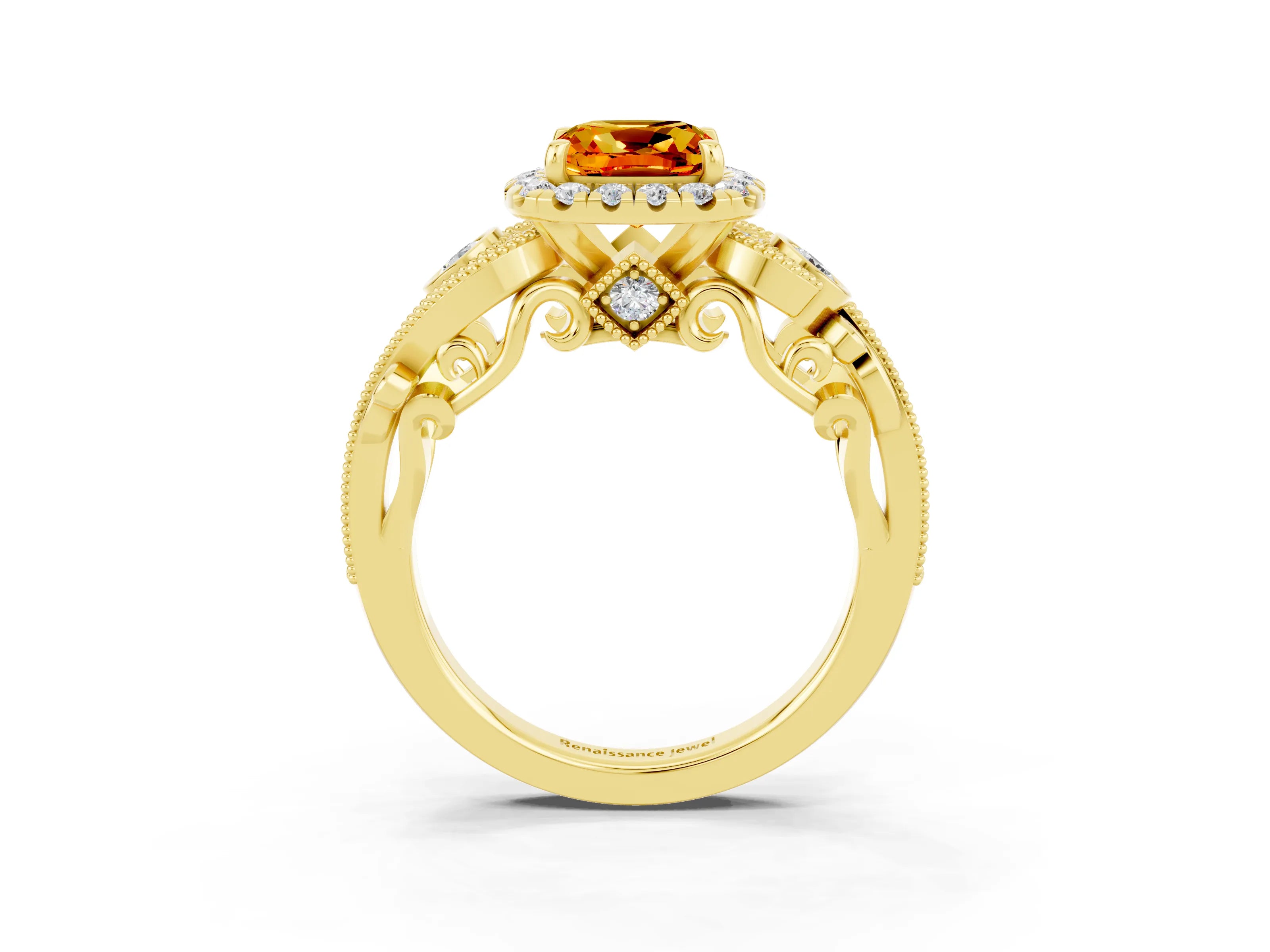 Yellow gold Cushion Cut Citrine Halo Ring with Milgrain Pavé Band and Four-Prong Setting_15