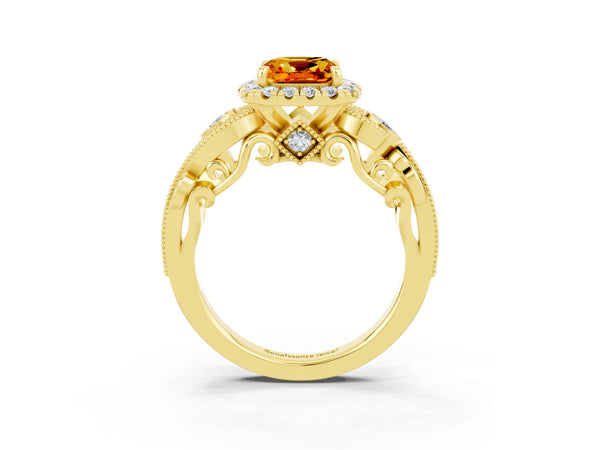 Yellow gold Cushion Cut Citrine Halo Ring with Milgrain Pavé Band and Four-Prong Setting
