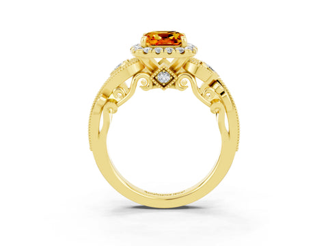 Yellow gold Cushion Cut Citrine Halo Ring with Milgrain Pavé Band and Four-Prong Setting_15