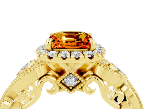 Yellow gold Cushion Cut Citrine Halo Ring with Milgrain Pavé Band and Four-Prong Setting_16