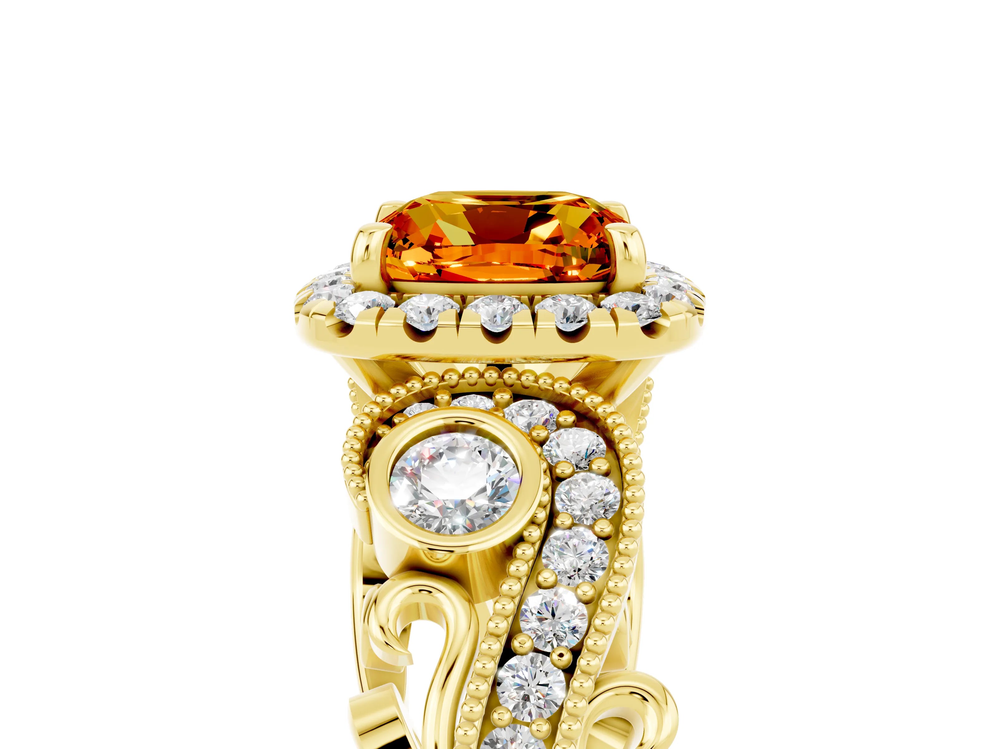 Yellow gold Cushion Cut Citrine Halo Ring with Milgrain Pavé Band and Four-Prong Setting_17