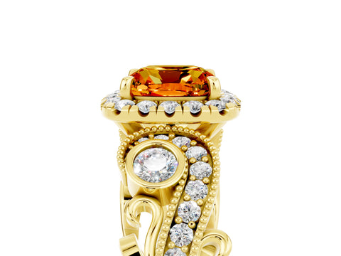 Yellow gold Cushion Cut Citrine Halo Ring with Milgrain Pavé Band and Four-Prong Setting_17
