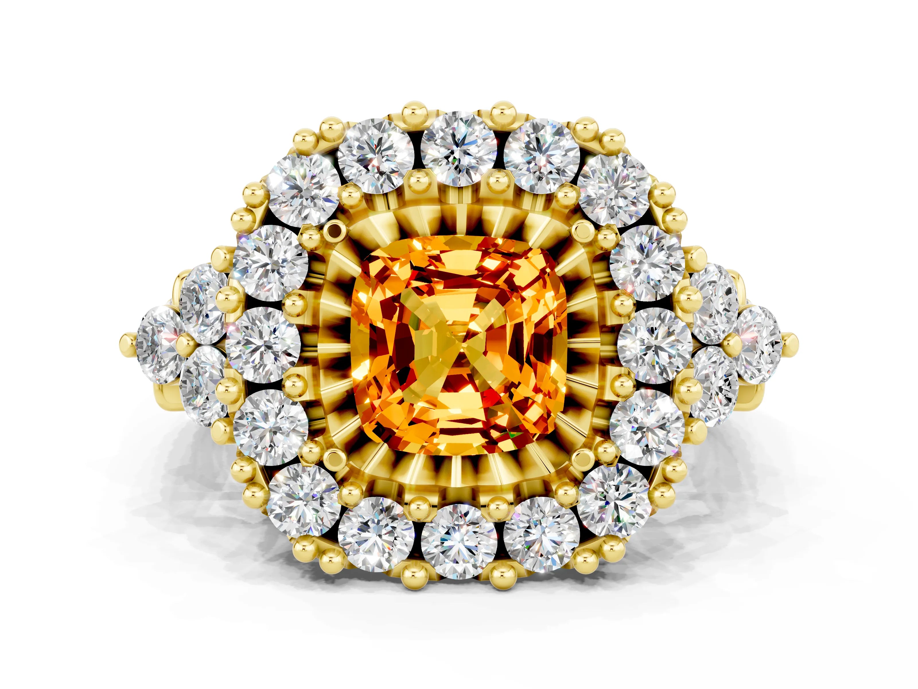 Yellow gold Cushion Cut Citrine Halo Ring with Pavé Band and Four-Prong Setting_12