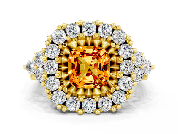 Yellow gold Cushion Cut Citrine Halo Ring with Pavé Band and Four-Prong Setting