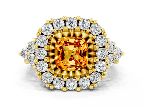 Yellow gold Cushion Cut Citrine Halo Ring with Pavé Band and Four-Prong Setting_12