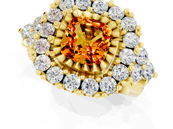 Yellow gold Cushion Cut Citrine Halo Ring with Pavé Band and Four-Prong Setting