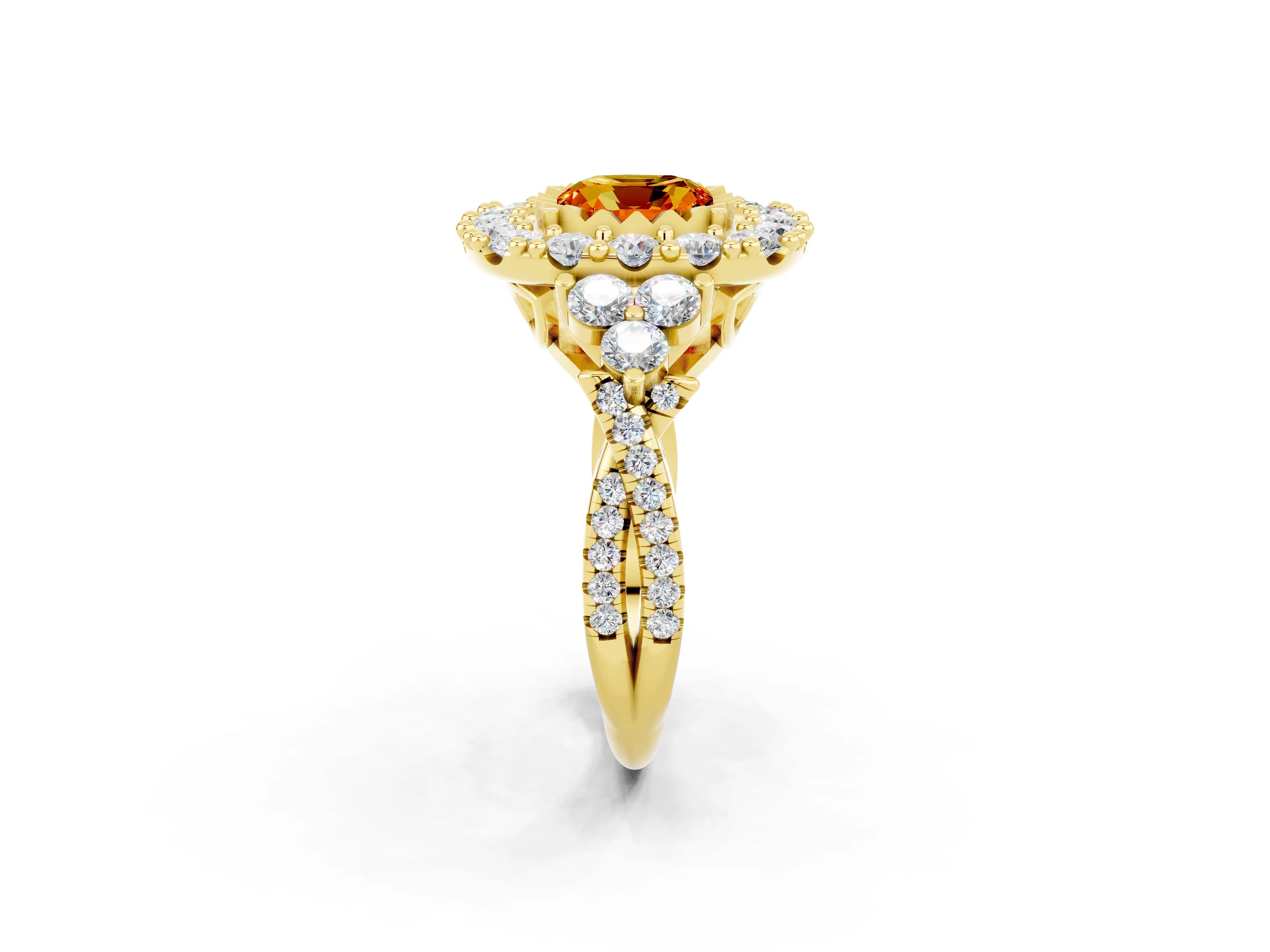 Yellow gold Cushion Cut Citrine Halo Ring with Pavé Band and Four-Prong Setting_14