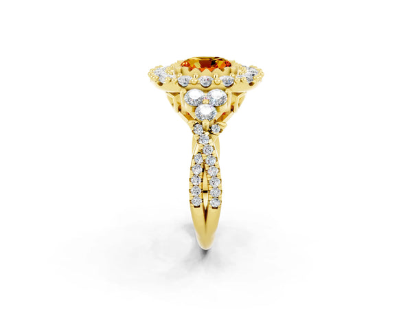 Yellow gold Cushion Cut Citrine Halo Ring with Pavé Band and Four-Prong Setting