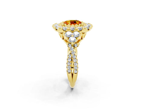 Yellow gold Cushion Cut Citrine Halo Ring with Pavé Band and Four-Prong Setting_14