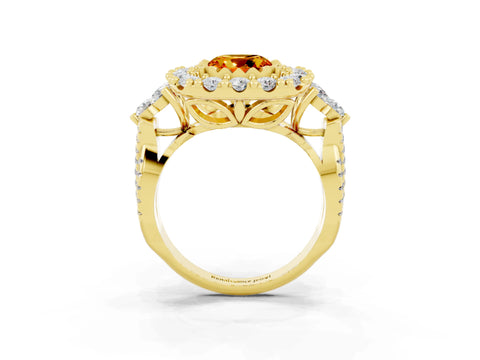 Yellow gold Cushion Cut Citrine Halo Ring with Pavé Band and Four-Prong Setting_15