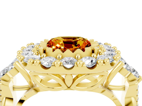 Yellow gold Cushion Cut Citrine Halo Ring with Pavé Band and Four-Prong Setting_16