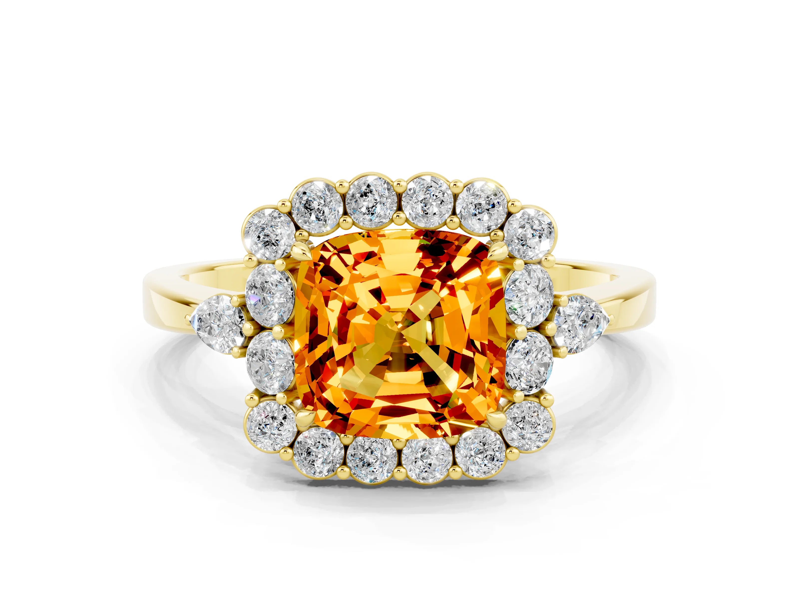 Yellow gold Cushion Cut Citrine Halo Ring with Pear Side Stones and Prong Setting_12