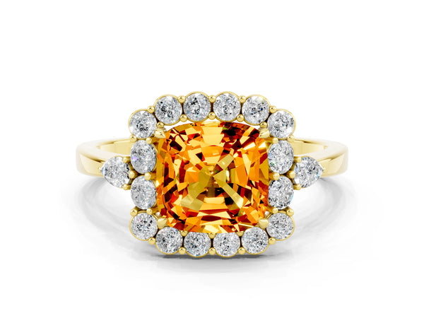 Yellow gold Cushion Cut Citrine Halo Ring with Pear Side Stones and Prong Setting