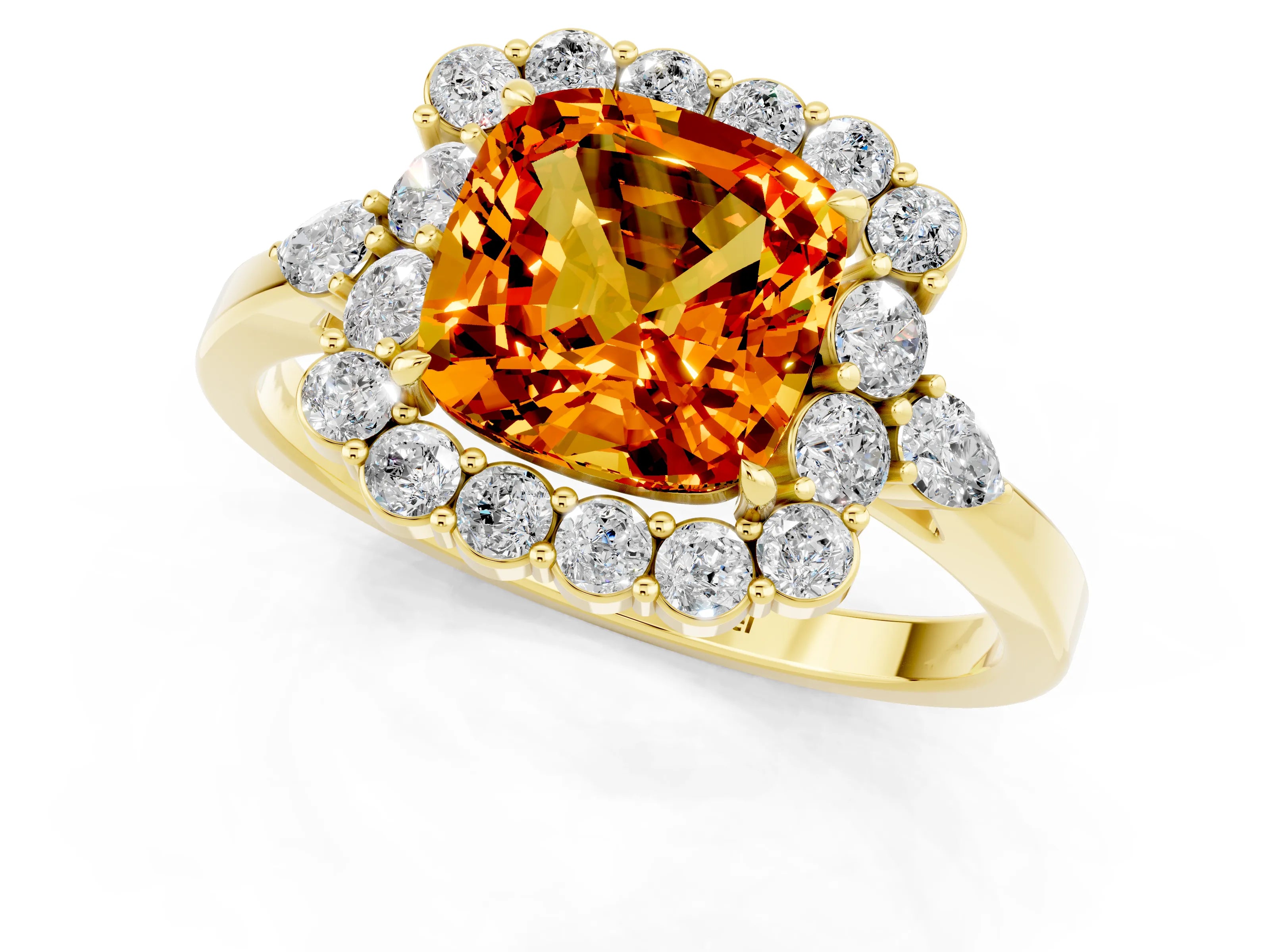 Yellow gold Cushion Cut Citrine Halo Ring with Pear Side Stones and Prong Setting_13
