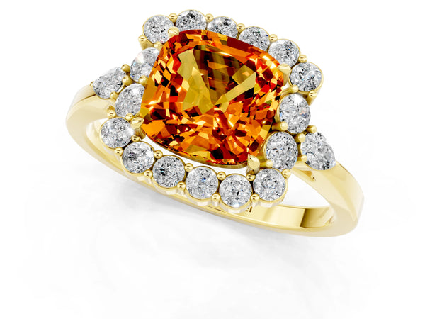 Yellow gold Cushion Cut Citrine Halo Ring with Pear Side Stones and Prong Setting