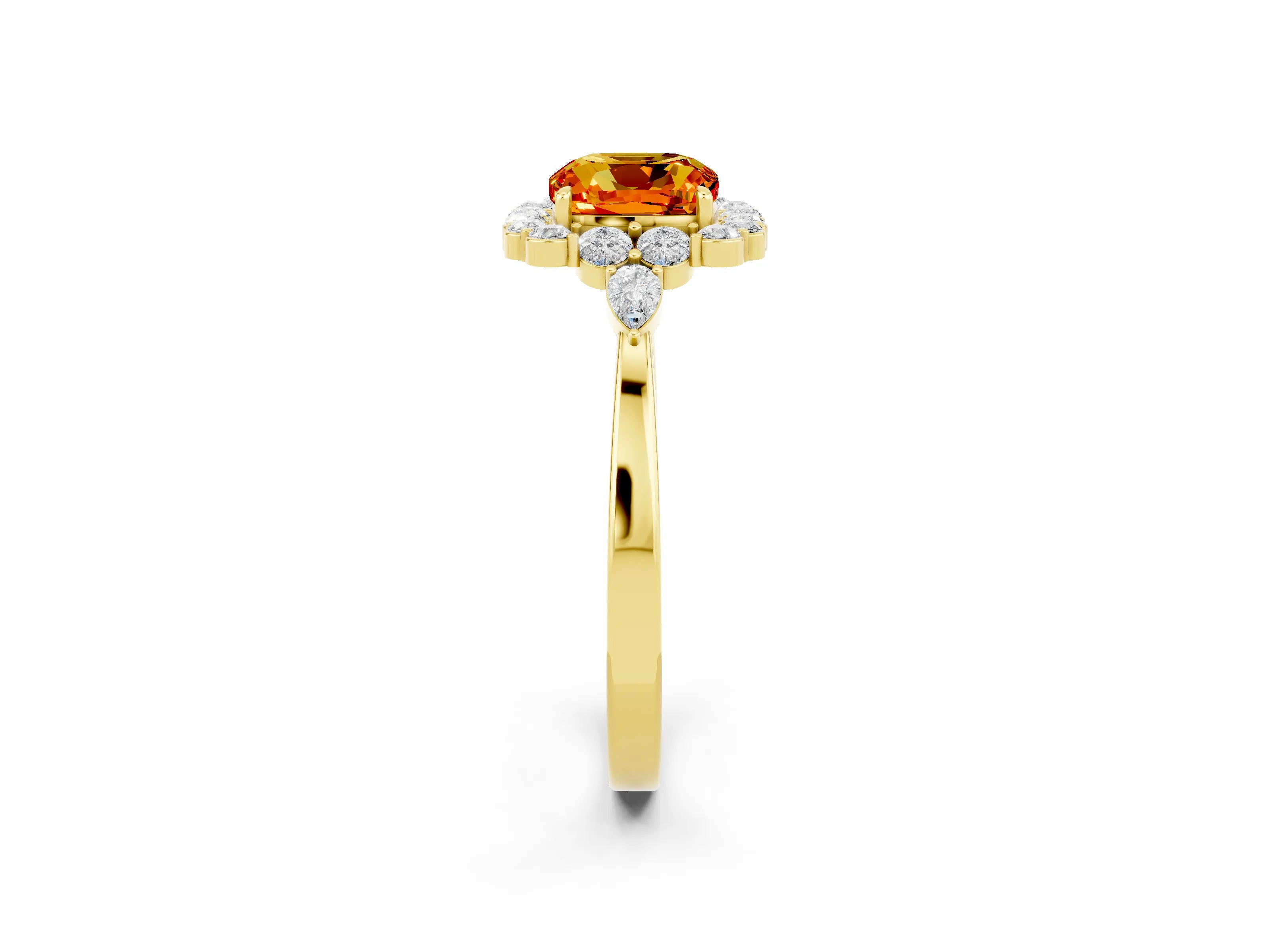 Yellow gold Cushion Cut Citrine Halo Ring with Pear Side Stones and Prong Setting_14