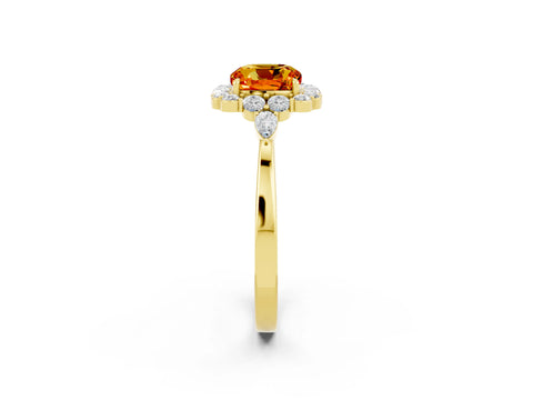 Yellow gold Cushion Cut Citrine Halo Ring with Pear Side Stones and Prong Setting_14