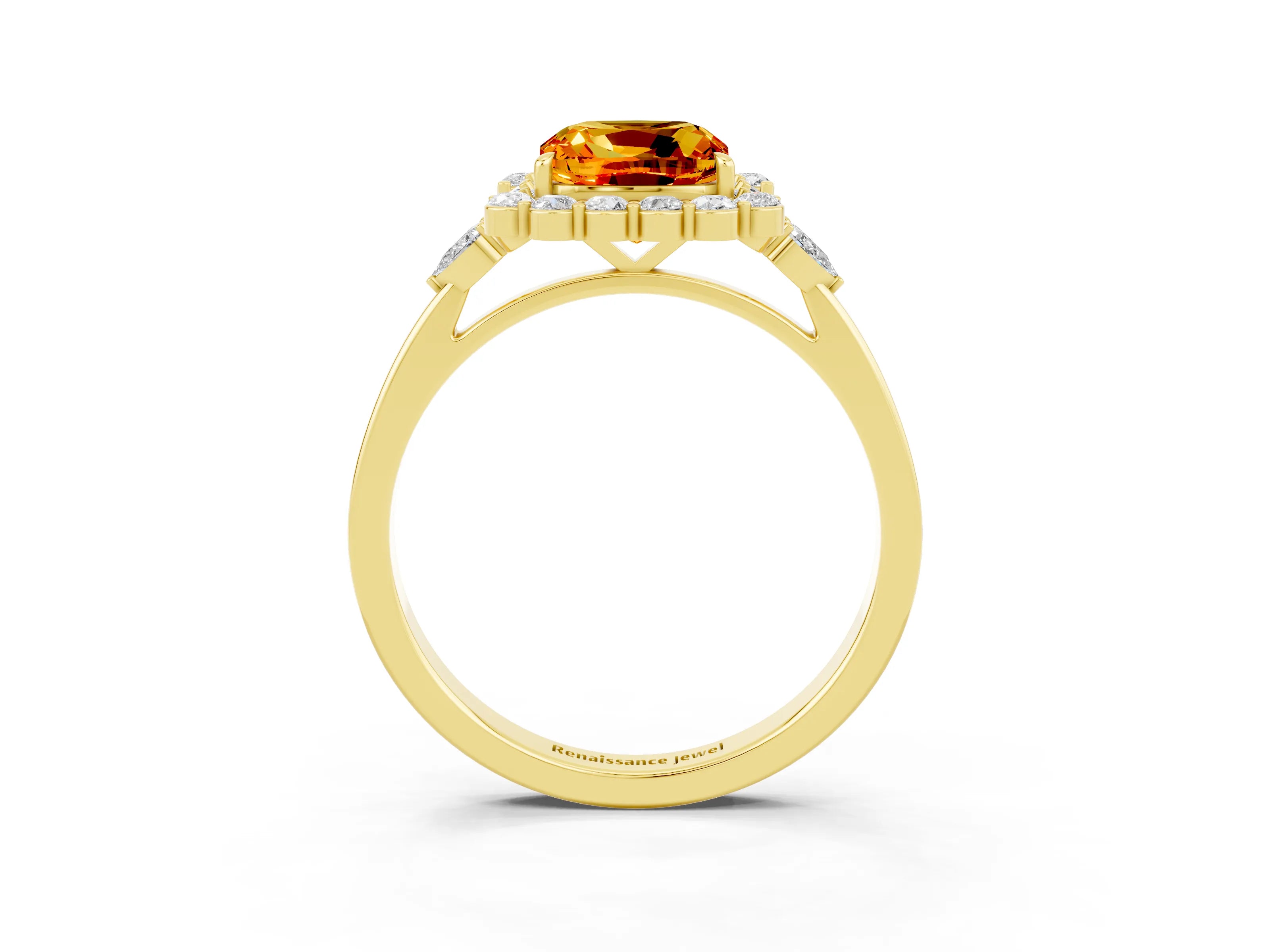 Yellow gold Cushion Cut Citrine Halo Ring with Pear Side Stones and Prong Setting_15