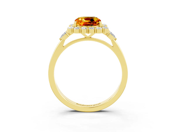Yellow gold Cushion Cut Citrine Halo Ring with Pear Side Stones and Prong Setting