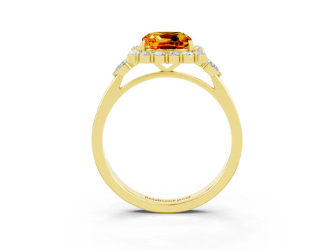 Yellow gold Cushion Cut Citrine Halo Ring with Pear Side Stones and Prong Setting_15