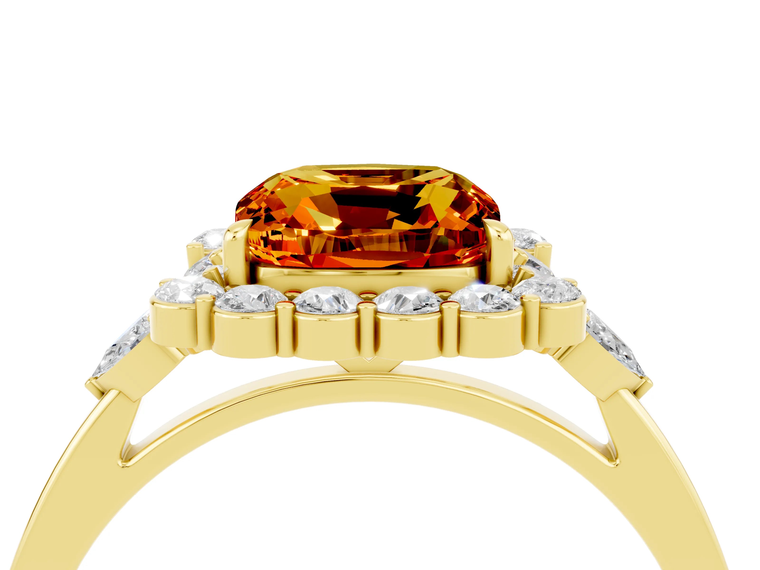 Yellow gold Cushion Cut Citrine Halo Ring with Pear Side Stones and Prong Setting_16