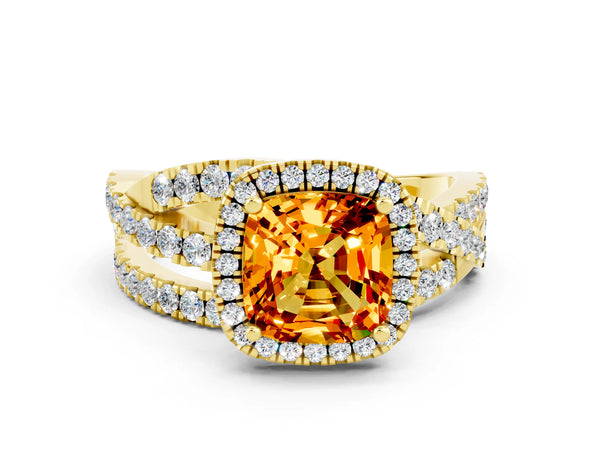 Yellow gold Cushion Cut Citrine Halo Ring with Round Split Shank and Prong Setting