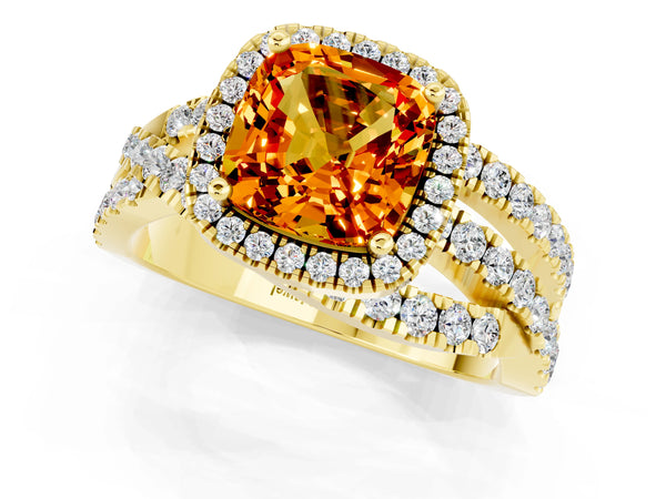 Yellow gold Cushion Cut Citrine Halo Ring with Round Split Shank and Prong Setting