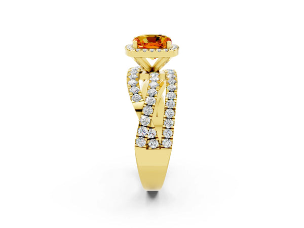 Yellow gold Cushion Cut Citrine Halo Ring with Round Split Shank and Prong Setting