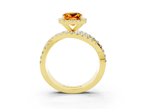 Yellow gold Cushion Cut Citrine Halo Ring with Round Split Shank and Prong Setting