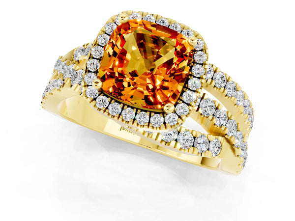 Yellow gold Cushion Cut Citrine Halo Ring with Round Split Shank and Prong Setting