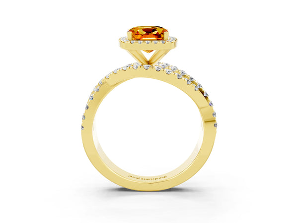Yellow gold Cushion Cut Citrine Halo Ring with Round Split Shank and Prong Setting