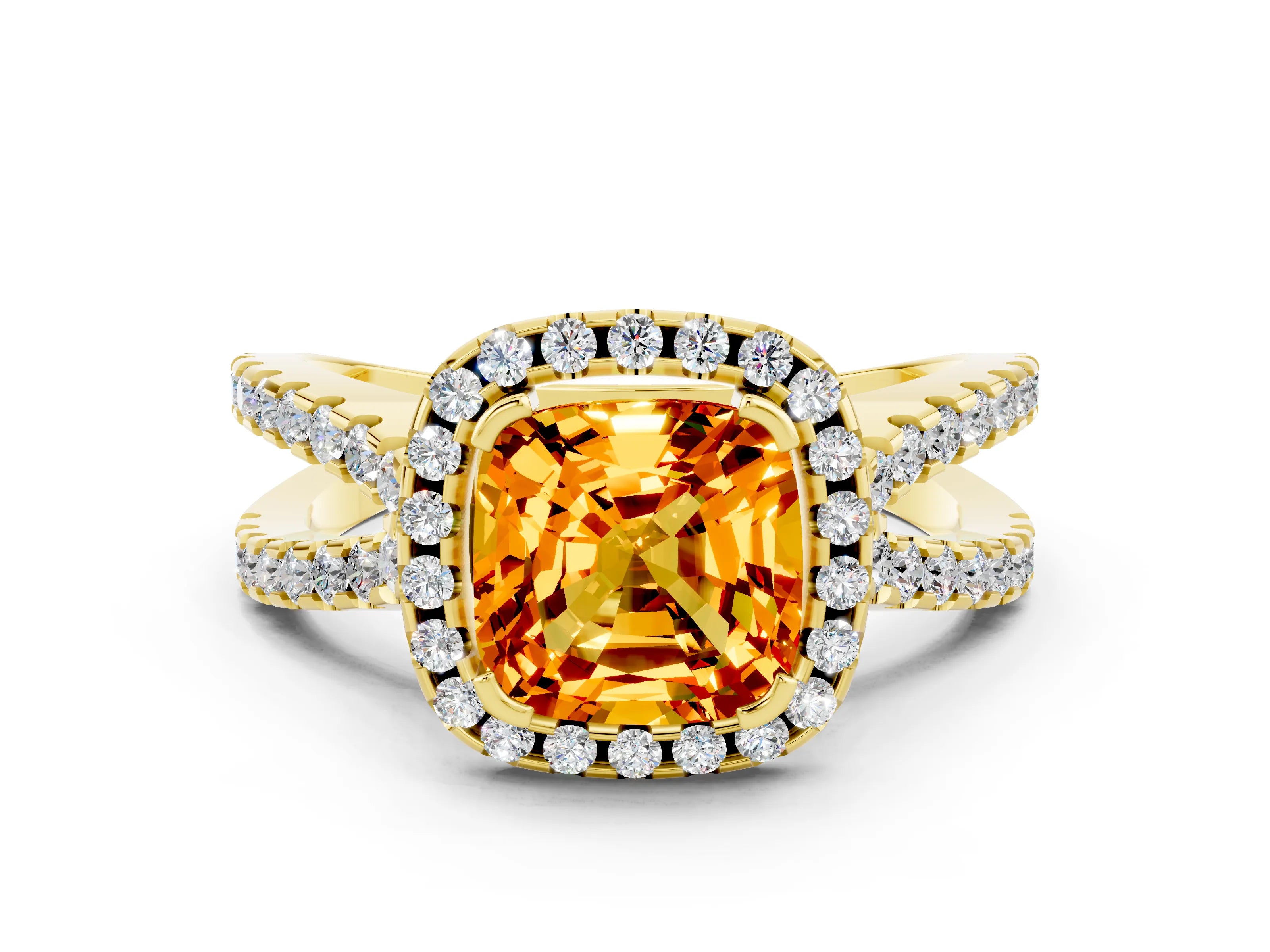 Yellow gold Cushion Cut Citrine Halo Ring with Split Shank Pavé Band and Prong Setting