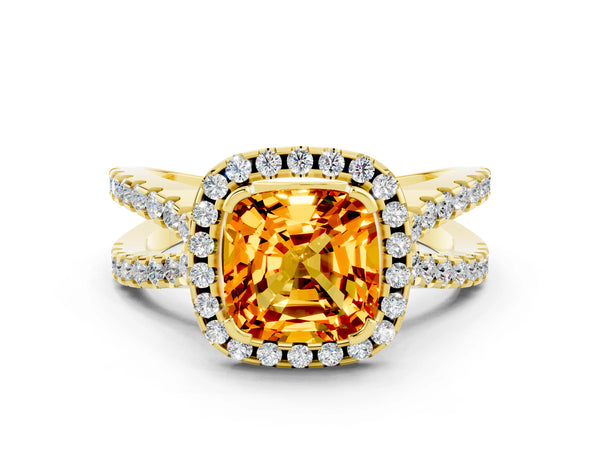Yellow gold Cushion Cut Citrine Halo Ring with Split Shank Pavé Band and Prong Setting