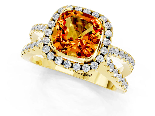 Yellow gold Cushion Cut Citrine Halo Ring with Split Shank Pavé Band and Prong Setting
