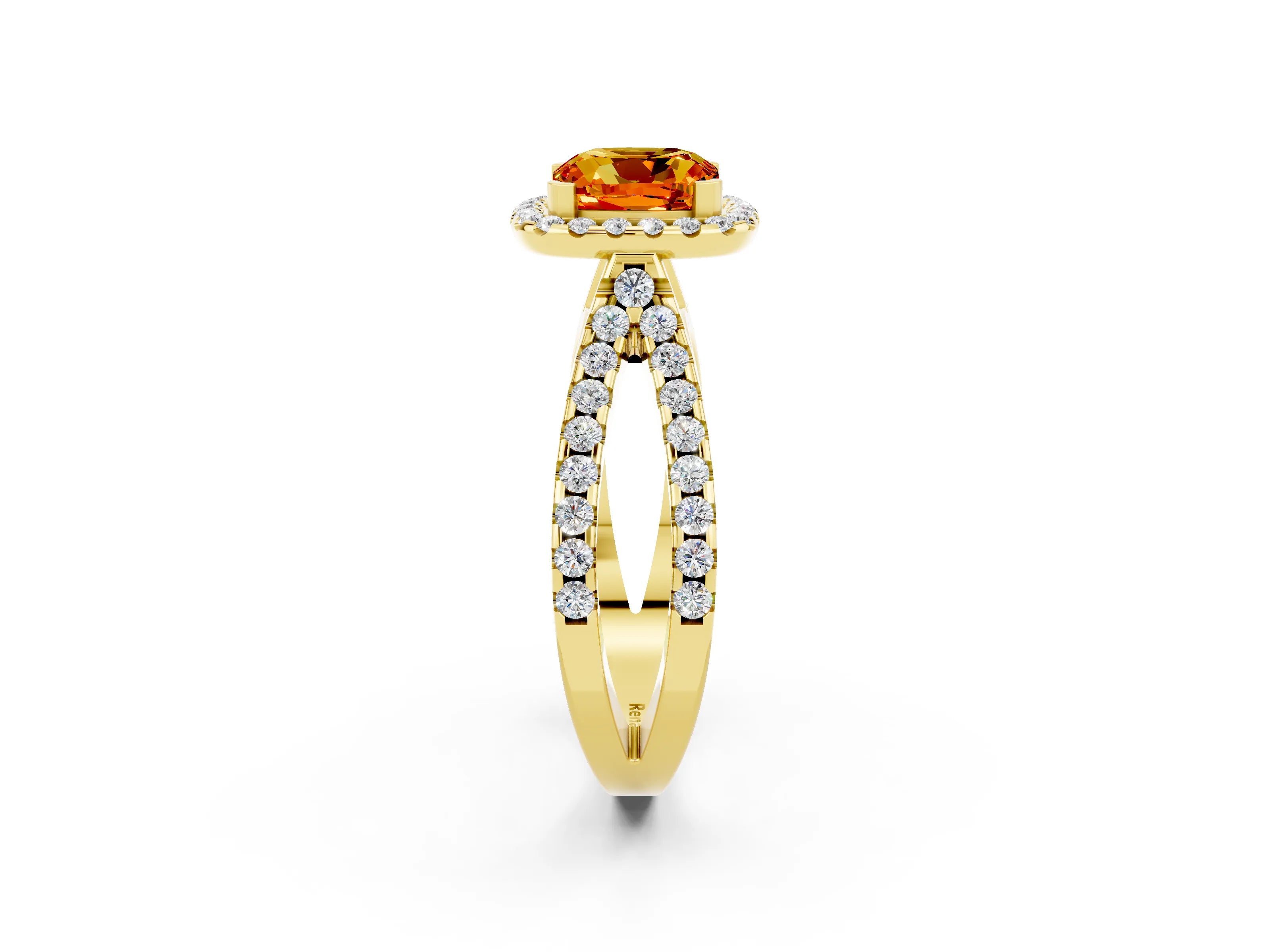 Yellow gold Cushion Cut Citrine Halo Ring with Split Shank Pavé Band and Prong Setting_2